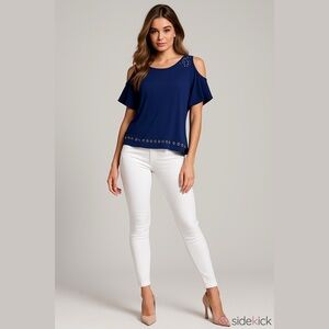 belldini Cold Shoulder Butterfly Sleeve Top, Gold Grommet, Navy Blue, Size S